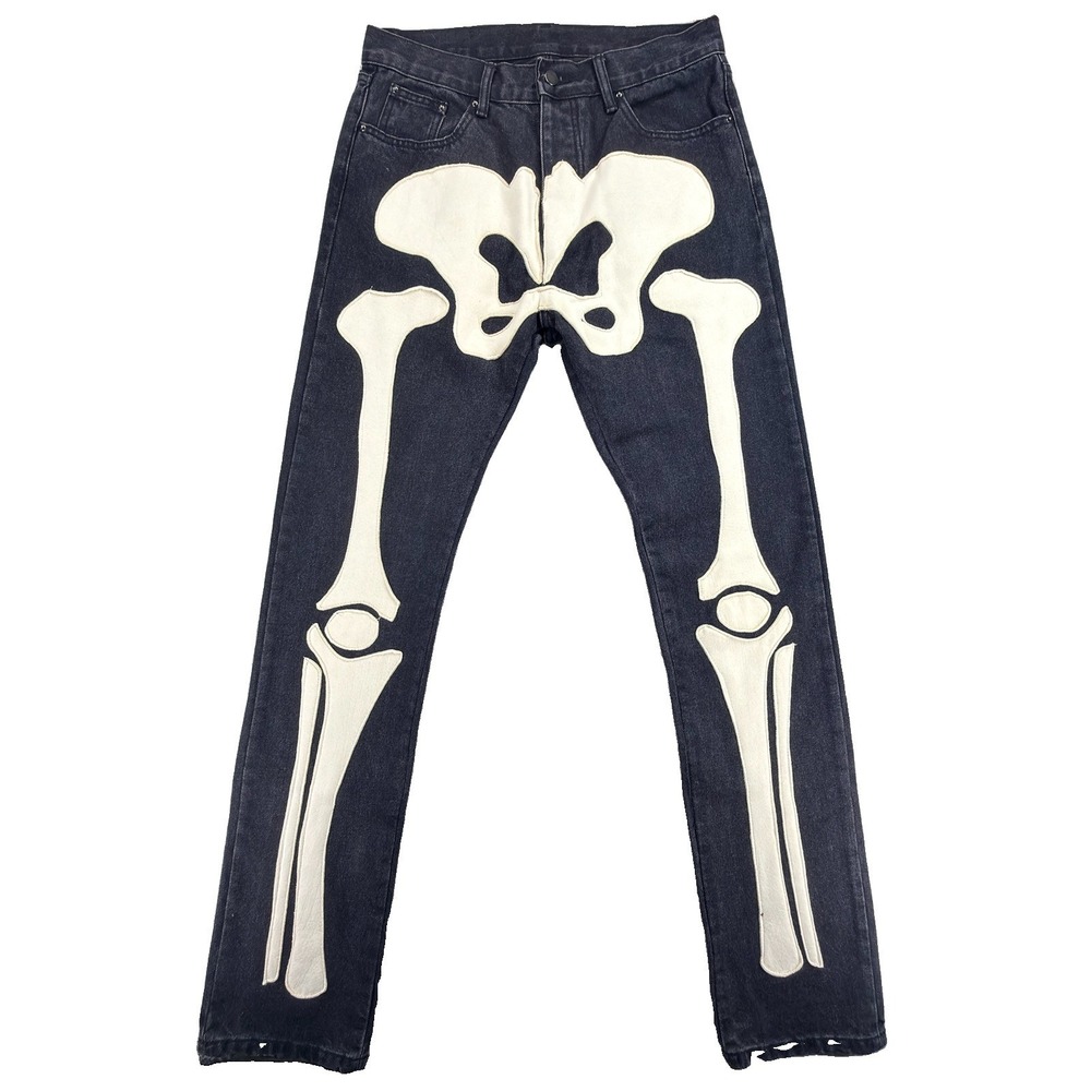 MNML Skeleton Bone Applique Jeans Mens 33x35 Black Denim Goth Y2K Streetwear